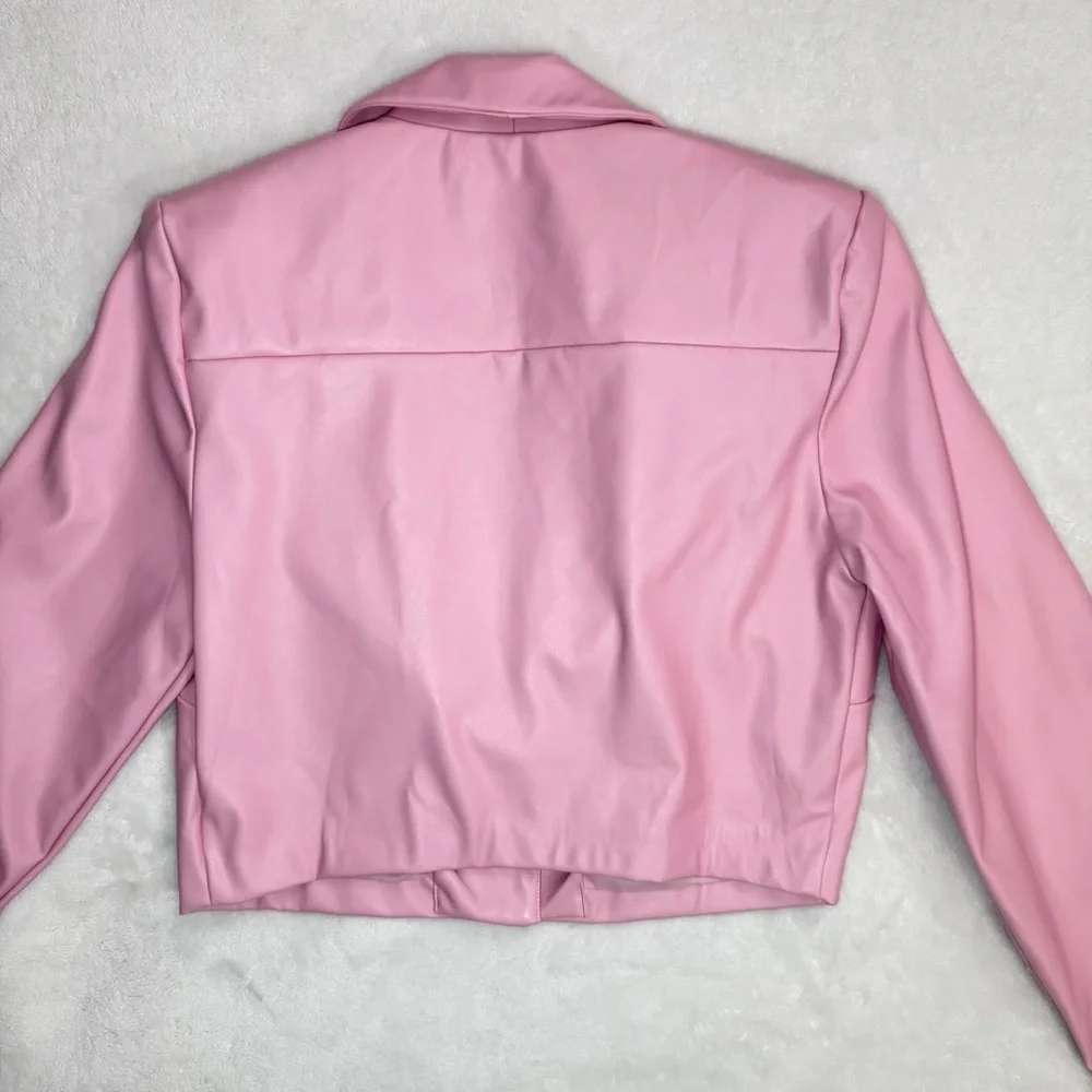 Ontwetth Women’s Cropped Pink Faux Leather Blazer Jacket - Size S